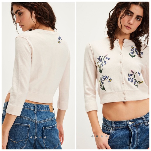 Free People All Mine Embroidered‎ Silk Lined Cardi Pastel Peach Pink Cardigan - Picture 1 of 7